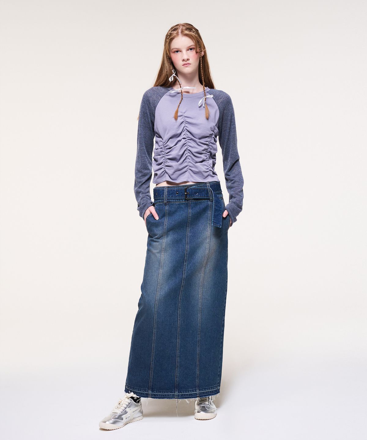 에트몽(ETMON) Wide Belt Long Denim Skirt, Blue
