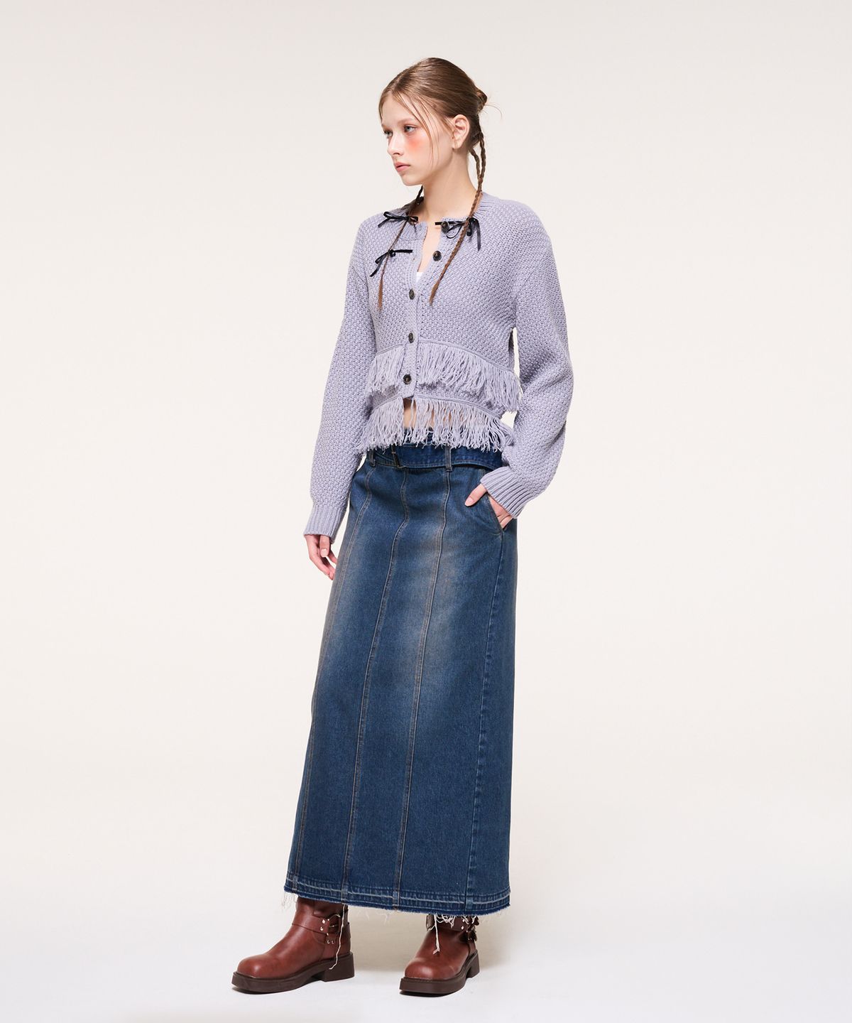 에트몽(ETMON) Wide Belt Long Denim Skirt, Blue