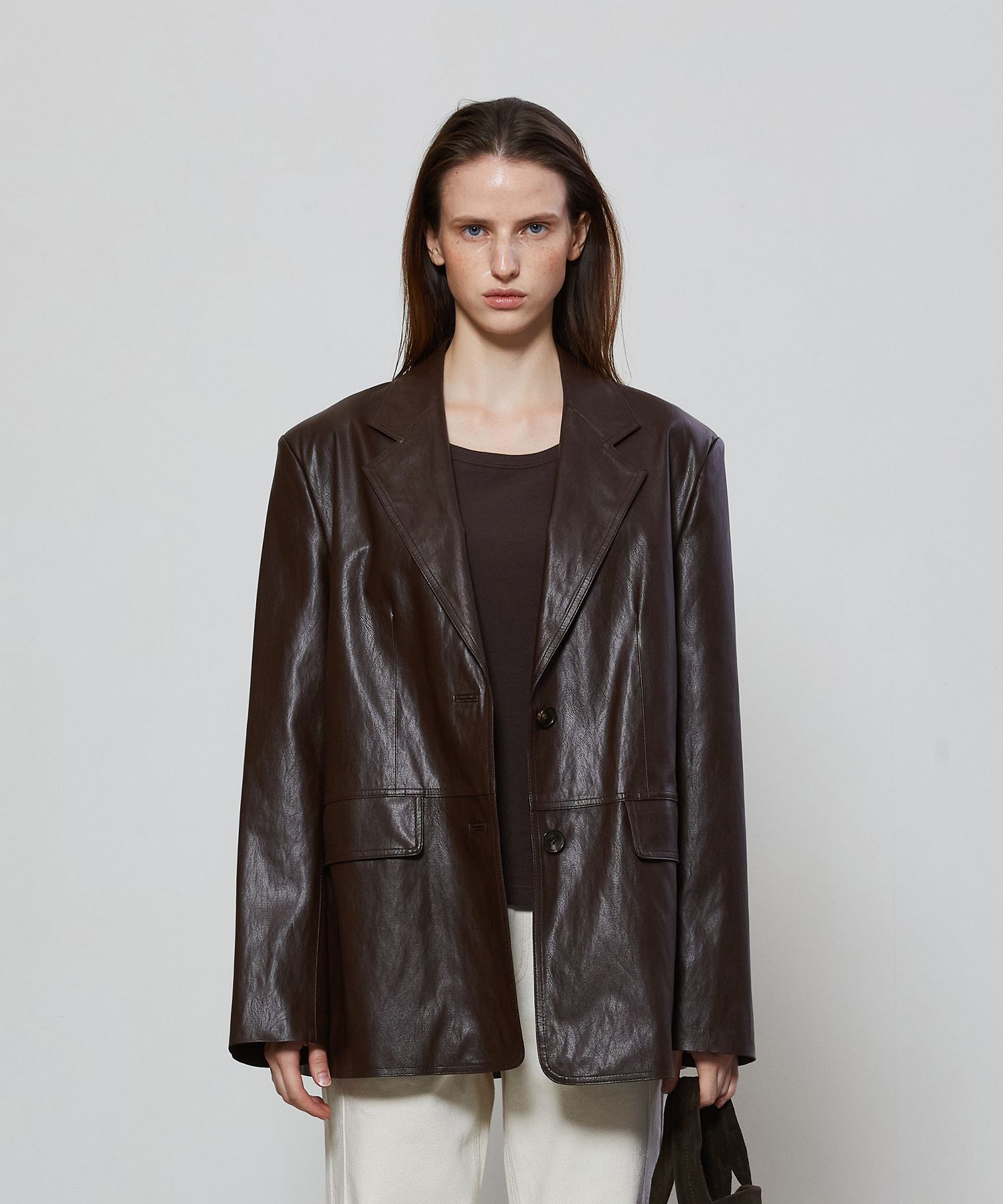 ★Leather Single Soutien Colored Jacket★ MUSINSA | NOTIA OVER FIT SINGLE LEATHER JACKET - BROWN