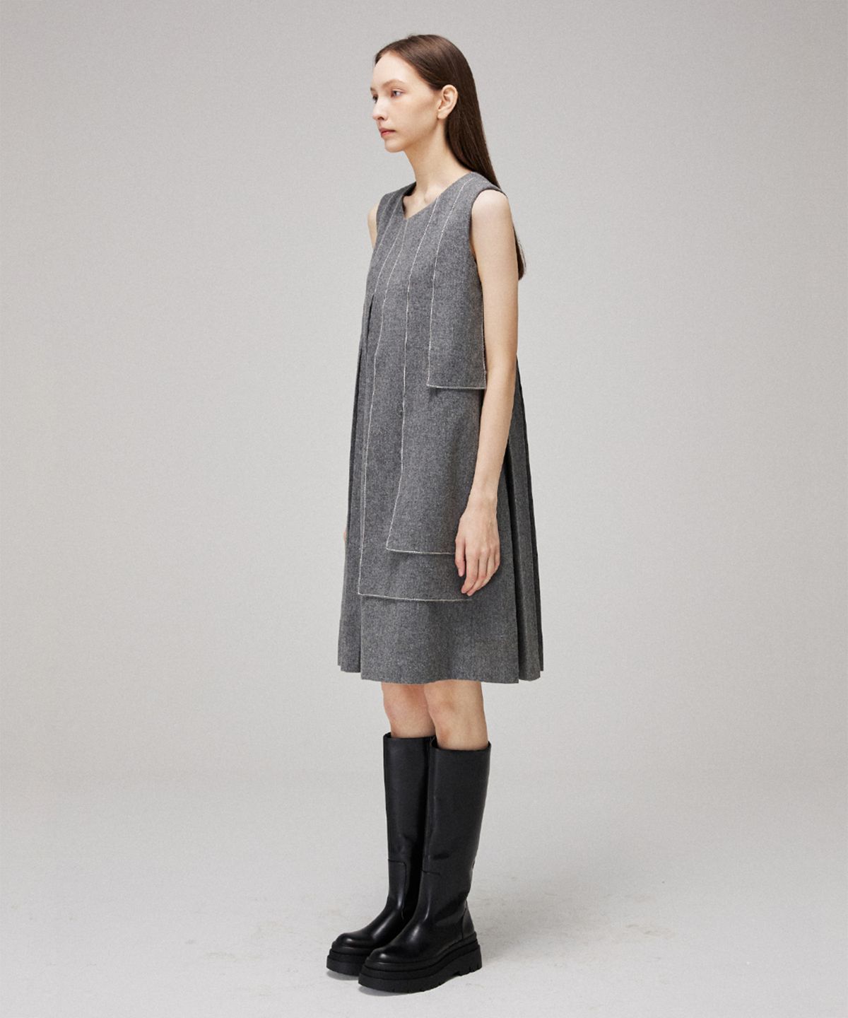므아므(MMAM) Pleated wool unbalance stitch sleeveless dress