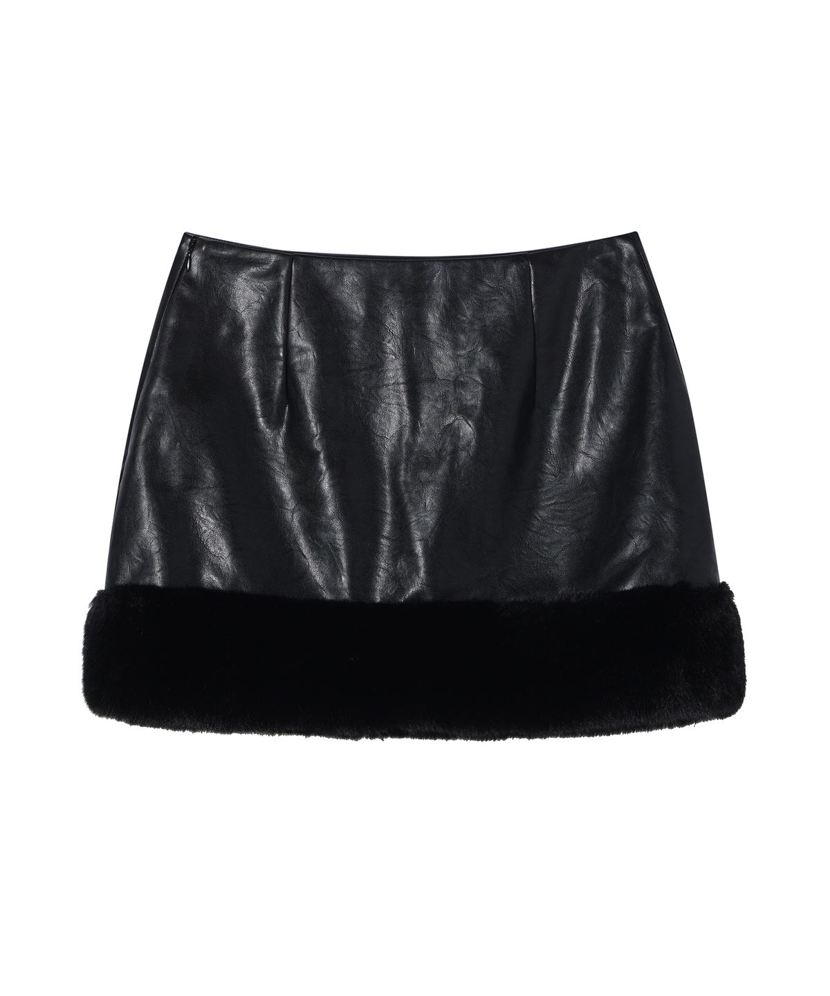 유희(YOUHEE) FUR TRIMMING LEATHER MINI SKIRT BLACK