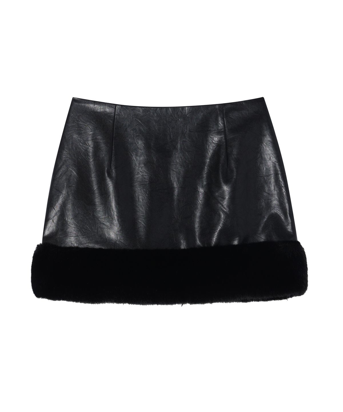유희(YOUHEE) FUR TRIMMING LEATHER MINI SKIRT BLACK