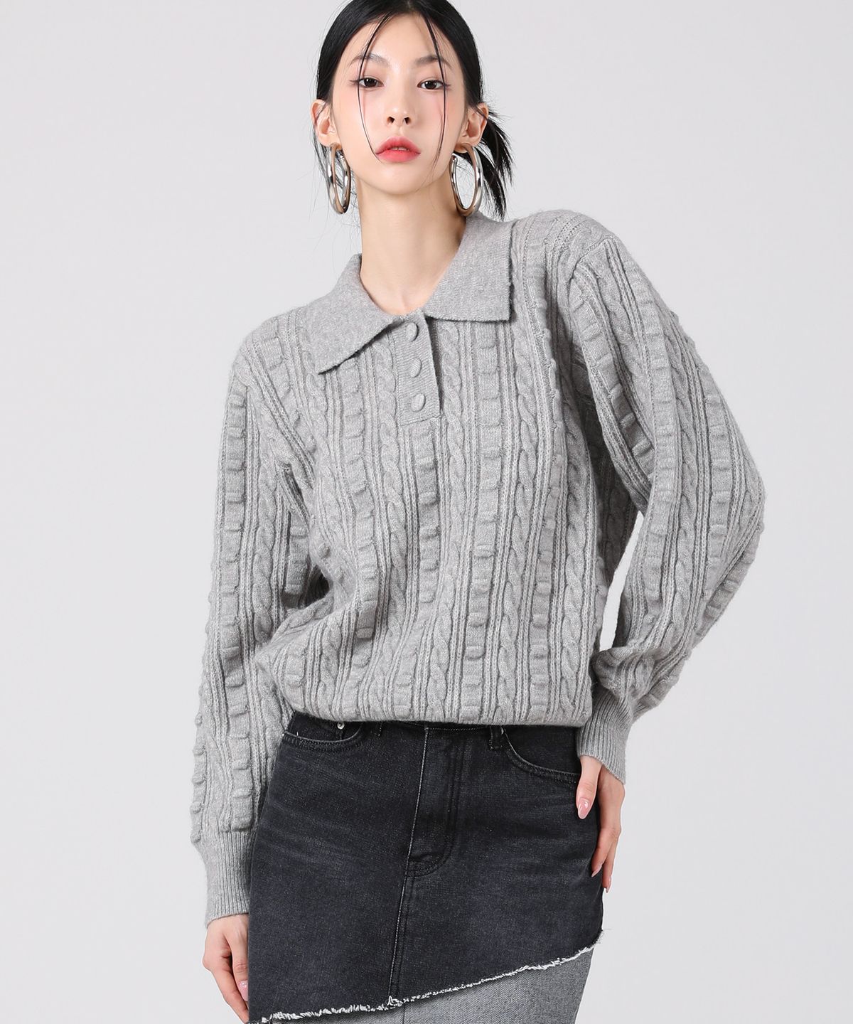 어반드레스(AVANDRESS) Lumpy Collar Button Knit BLUE