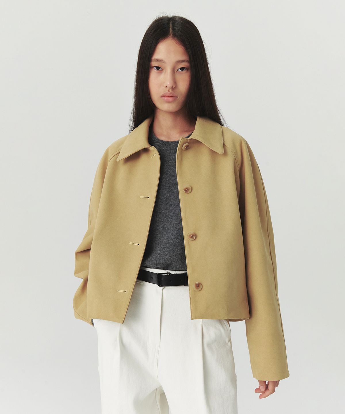 르바(LEVAR) Suede Button-Up Crop Jacket - Camel