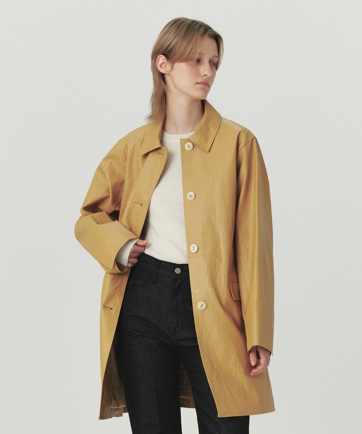 르바(LEVAR) Faux Leather Half Jacket - Camel