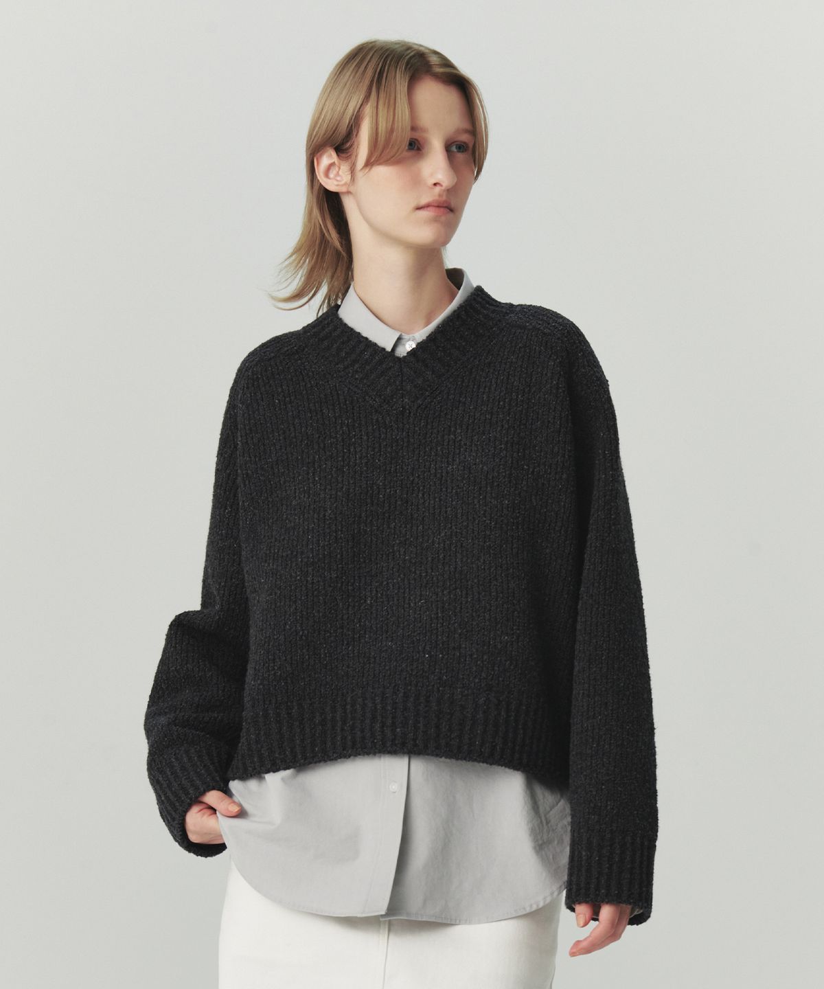 르바(LEVAR) Multi-Boucle V-Neck Knit - Charcoal