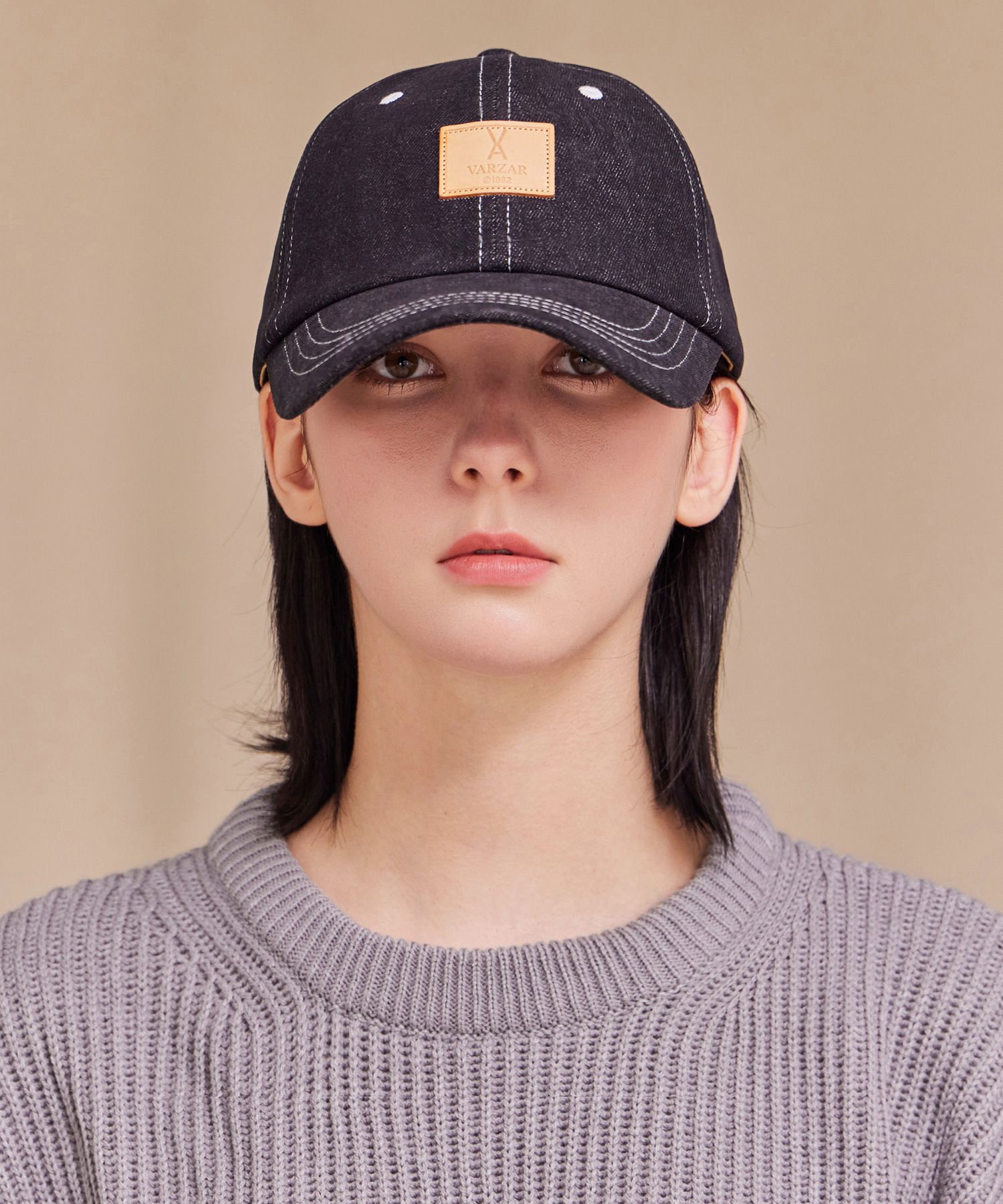 MUSINSA公式 | VARZAR VA Square Denim Label Ball Cap Black Blue