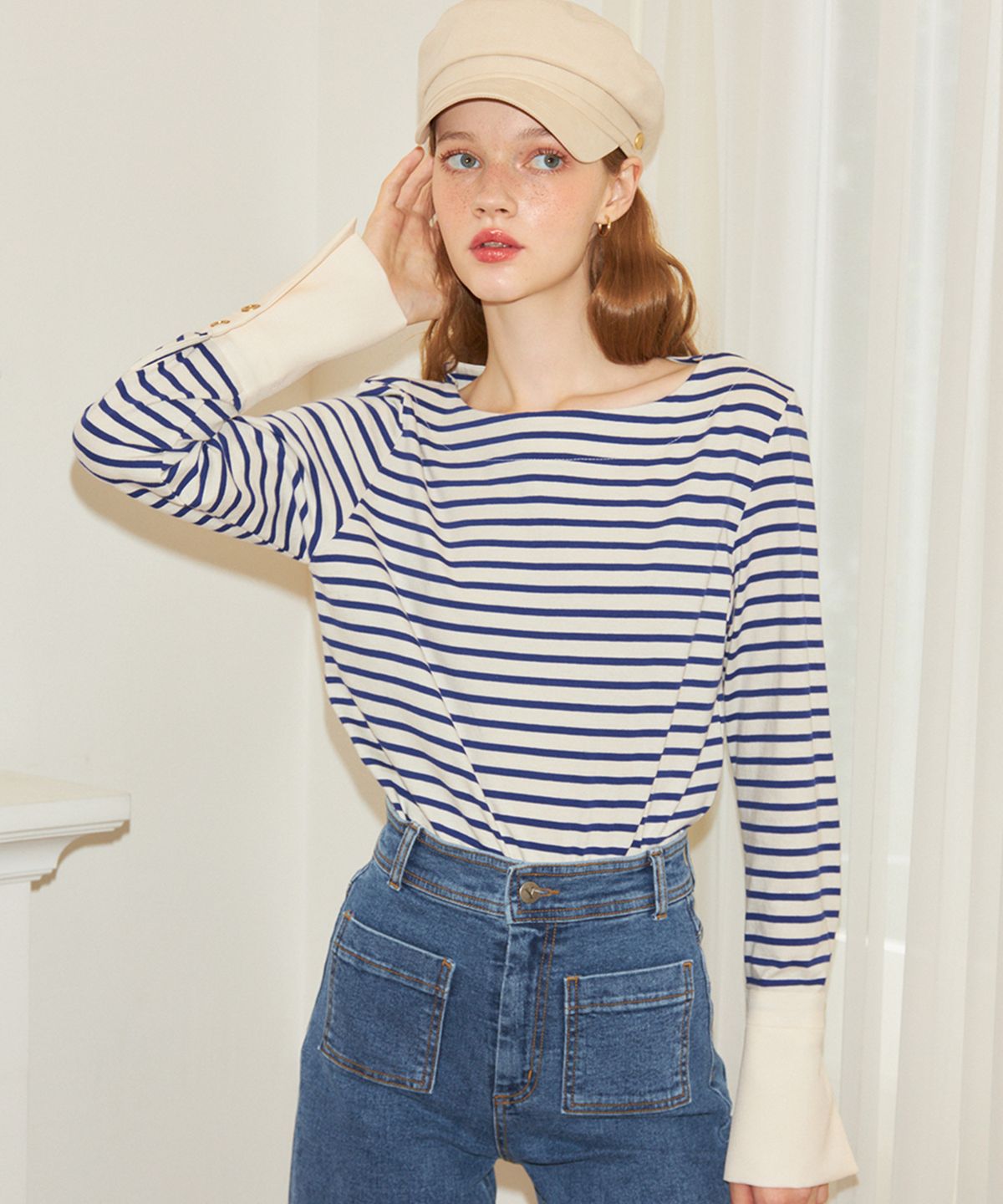 살롱 드 욘(SALON DE YOHN) Stripe Cuffs T_ Cobalt Blue