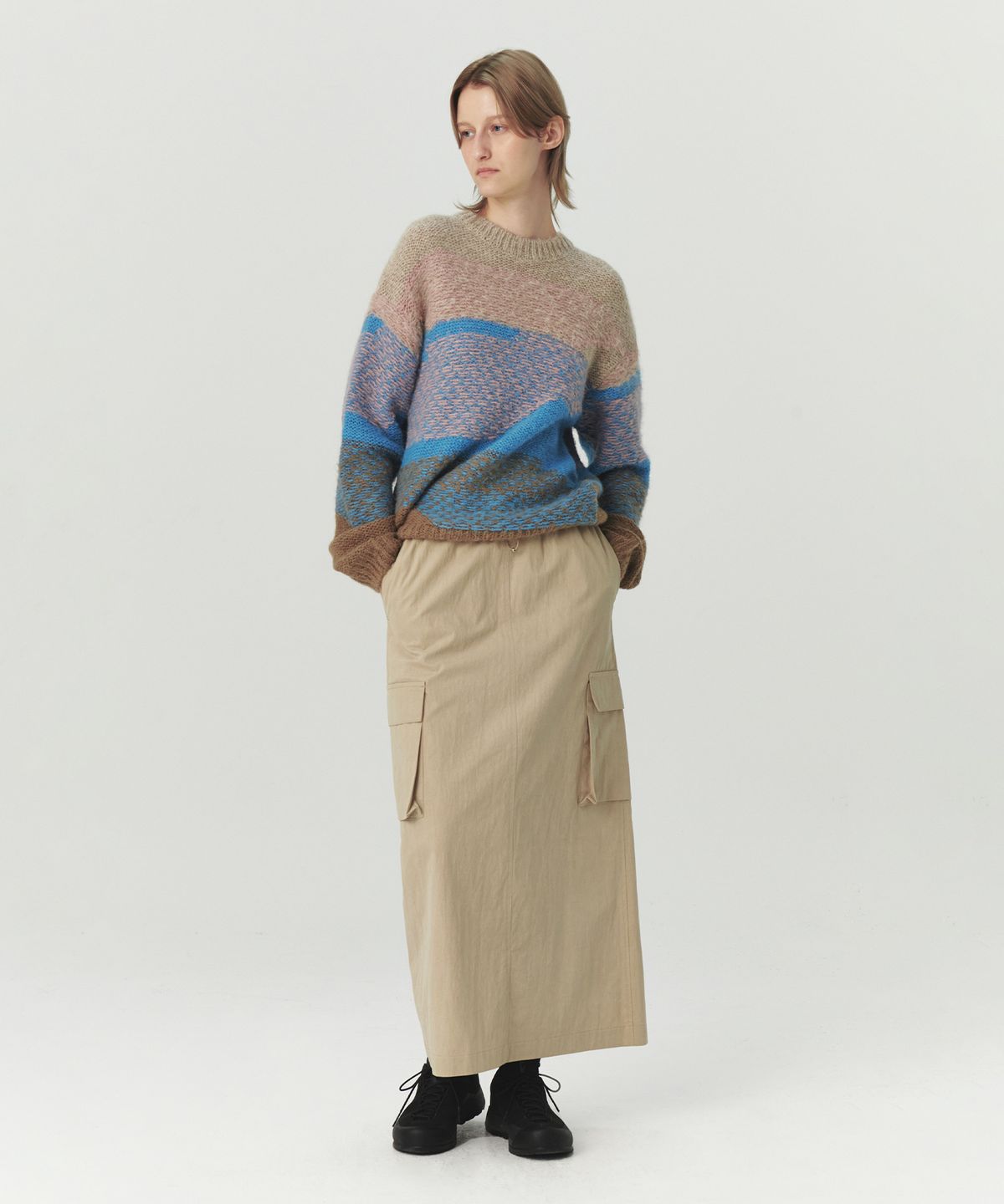 르바(LEVAR) Washed Cargo String Long Skirt - Beige