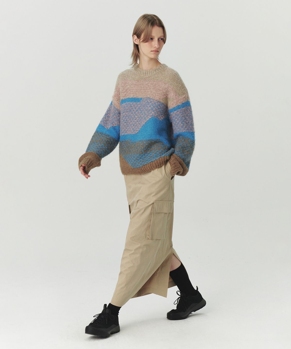 르바(LEVAR) Washed Cargo String Long Skirt - Beige
