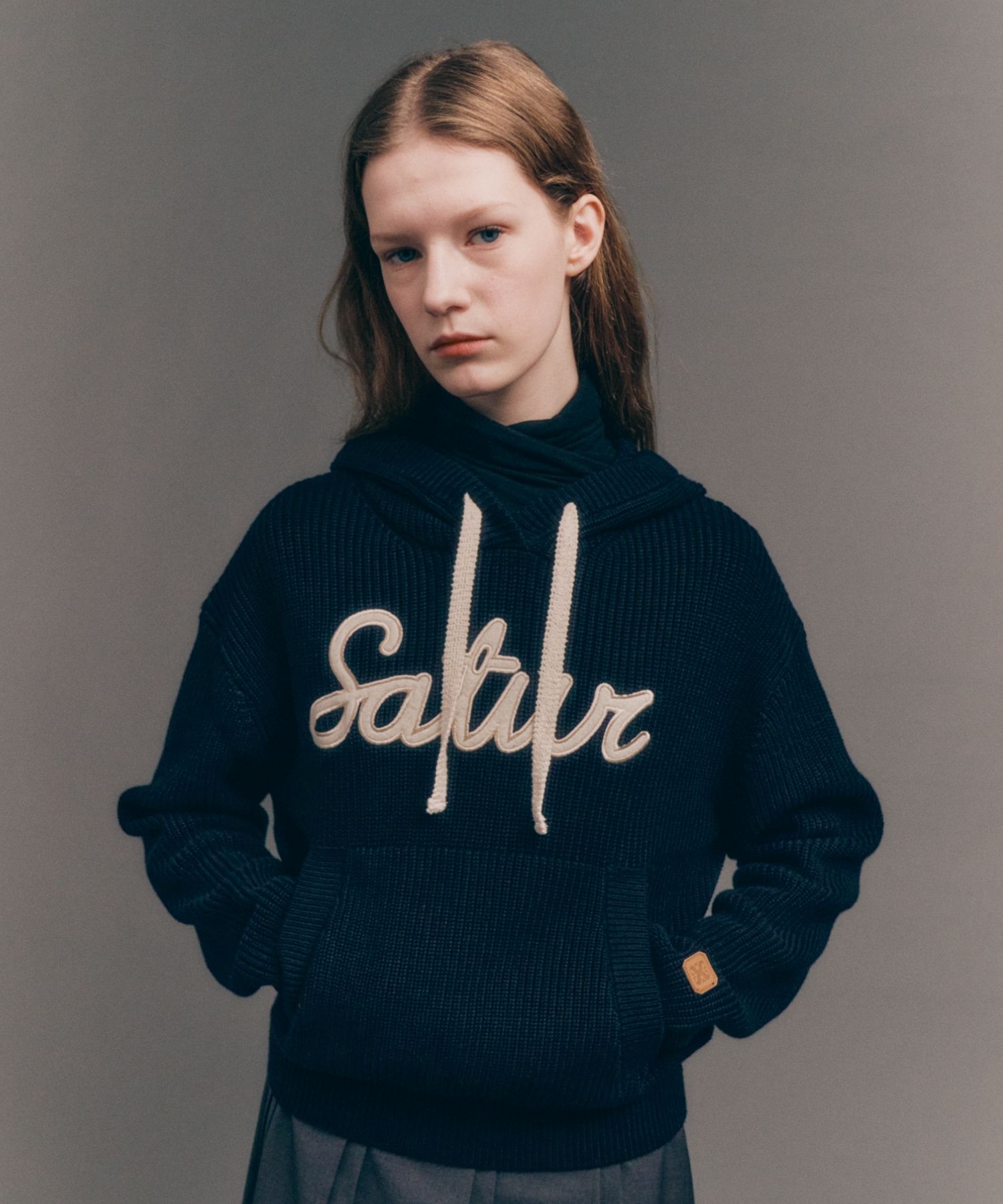 MUSINSA | SATUR Applique Logo Cashmere Blend Hooded Knit