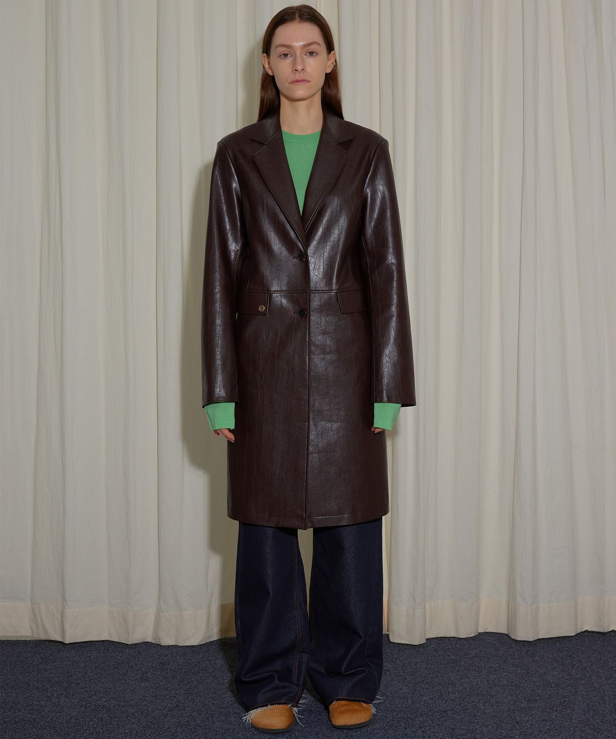 엔오르(EN OR) LEATHER FITTED HALF COAT - BROWN