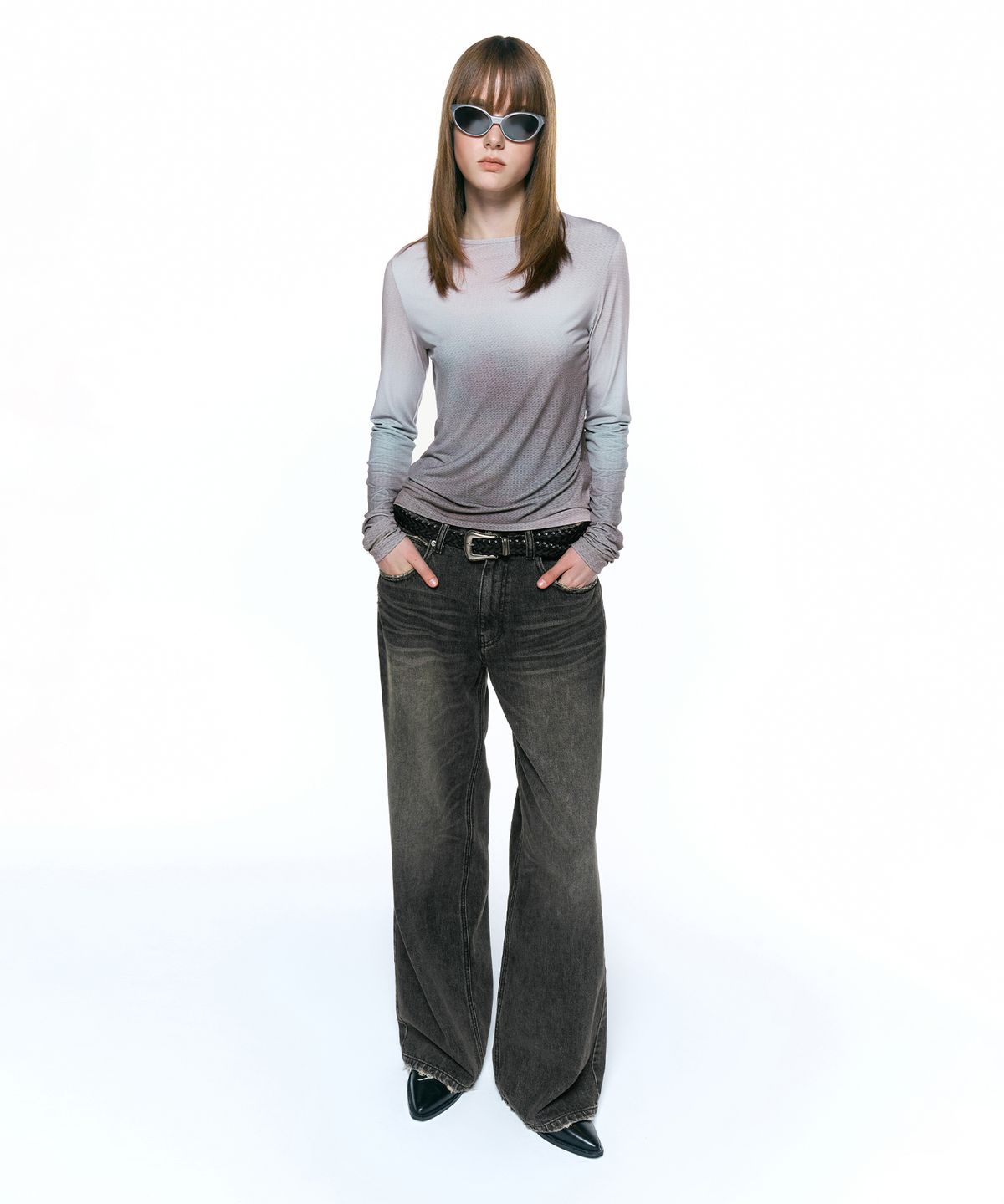 인사일런스 우먼(INSILENCE WOMEN) 로우 웨이스트 와이드 진 2 DARK GREY