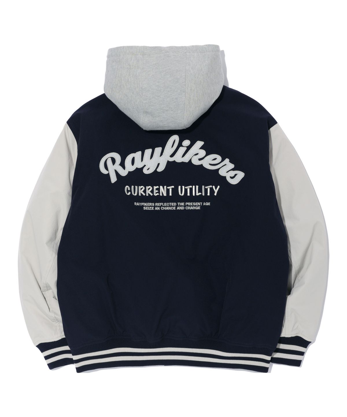 레이피커스(RAYFIKERS) 아치 로고 패딩 바시티 자켓 NAVY (MO1JU014-066)