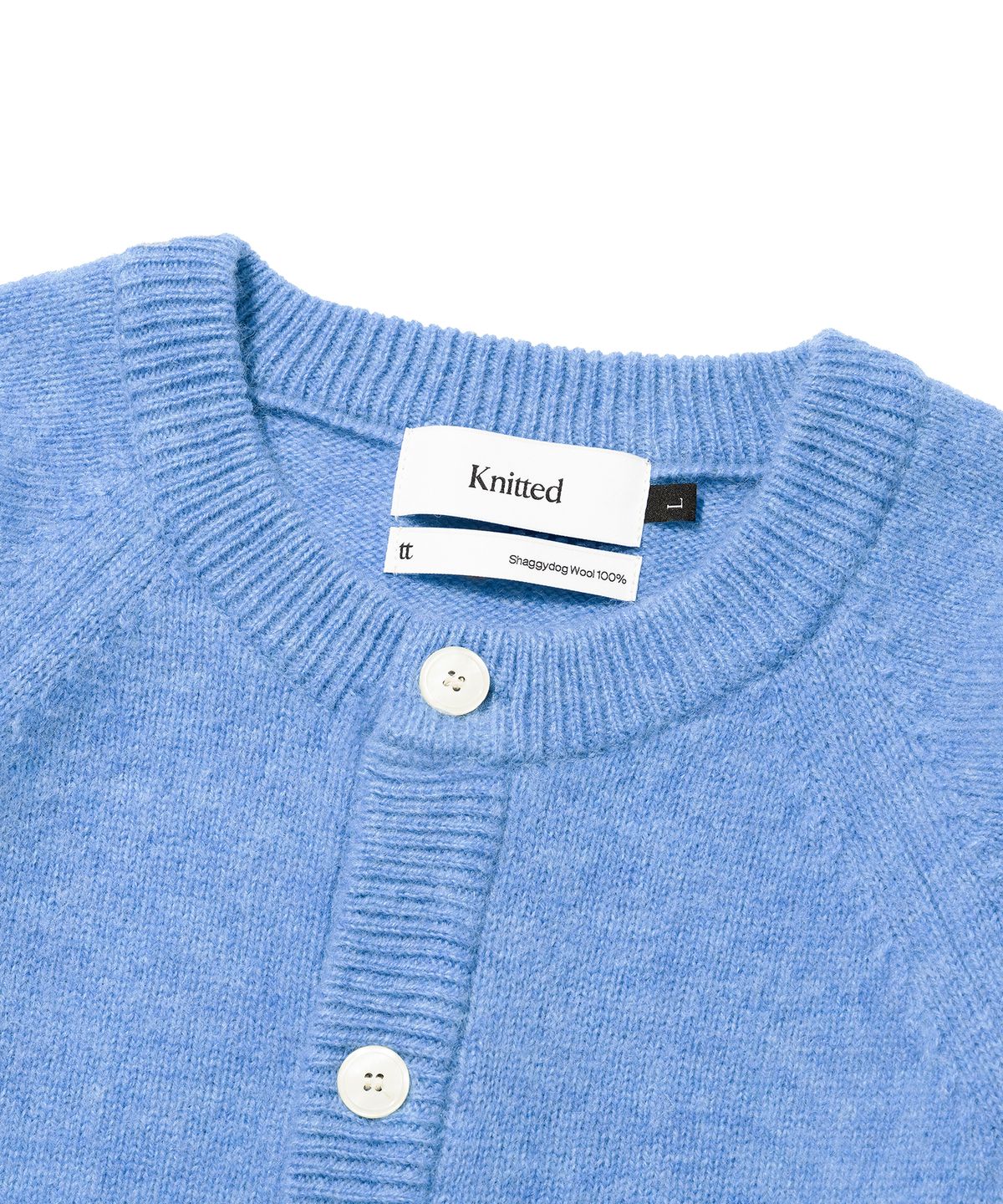 니티드(KNITTED) 쉐기독 울 100 라운드 가디건 BLUE