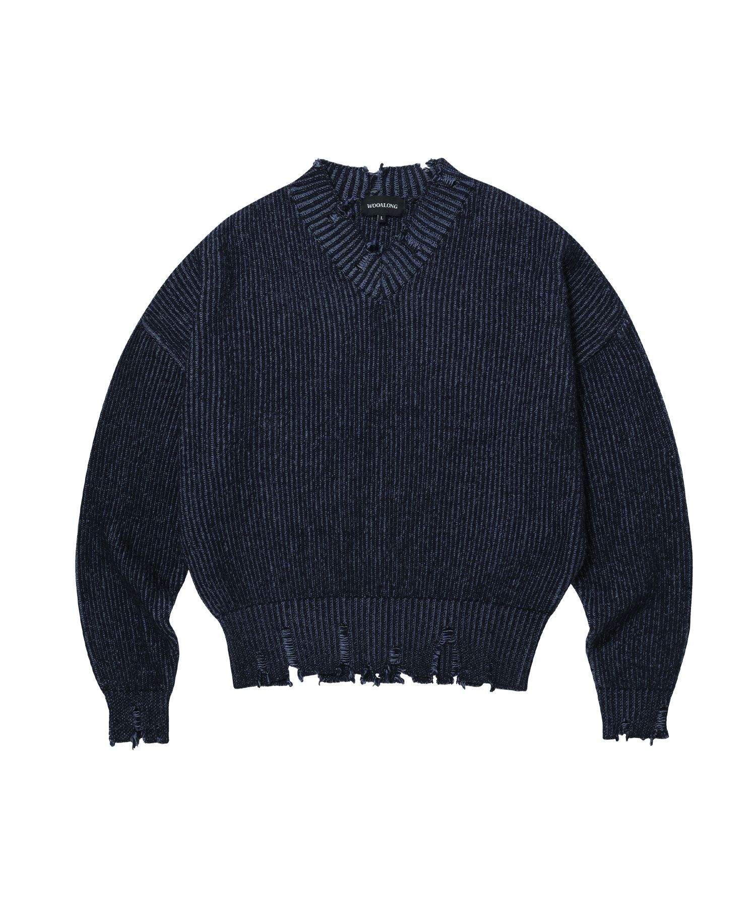 MUSINSA公式 | WOOALONG V-neck damage knit - NAVY