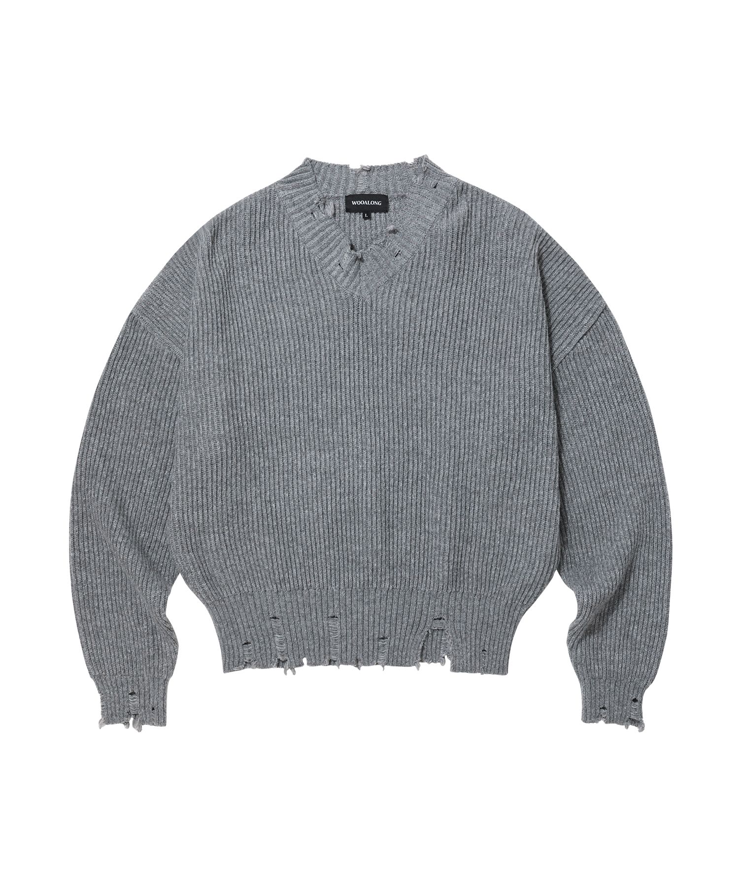 MUSINSA公式 | WOOALONG V-neck damage knit - GREY