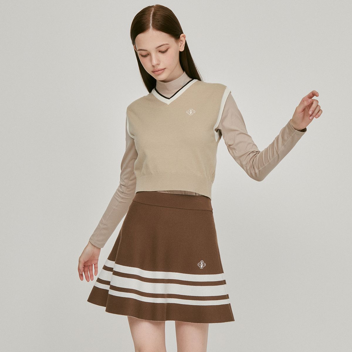 릭크(LIKK) A라인 배색 밴딩 울 스커트(브라운)_L3C1-NS04K