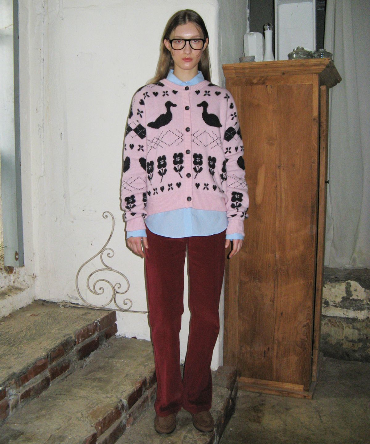 시눈(SINOON) MIXED PATTERN KNIT CARDIGAN (PINK)