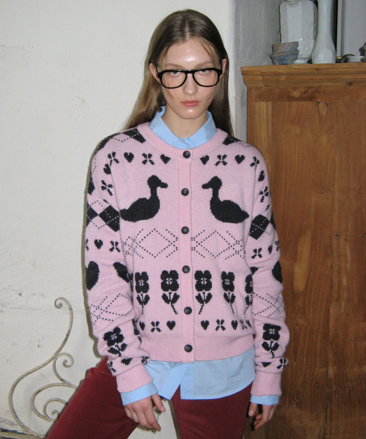 시눈(SINOON) MIXED PATTERN KNIT CARDIGAN (PINK)