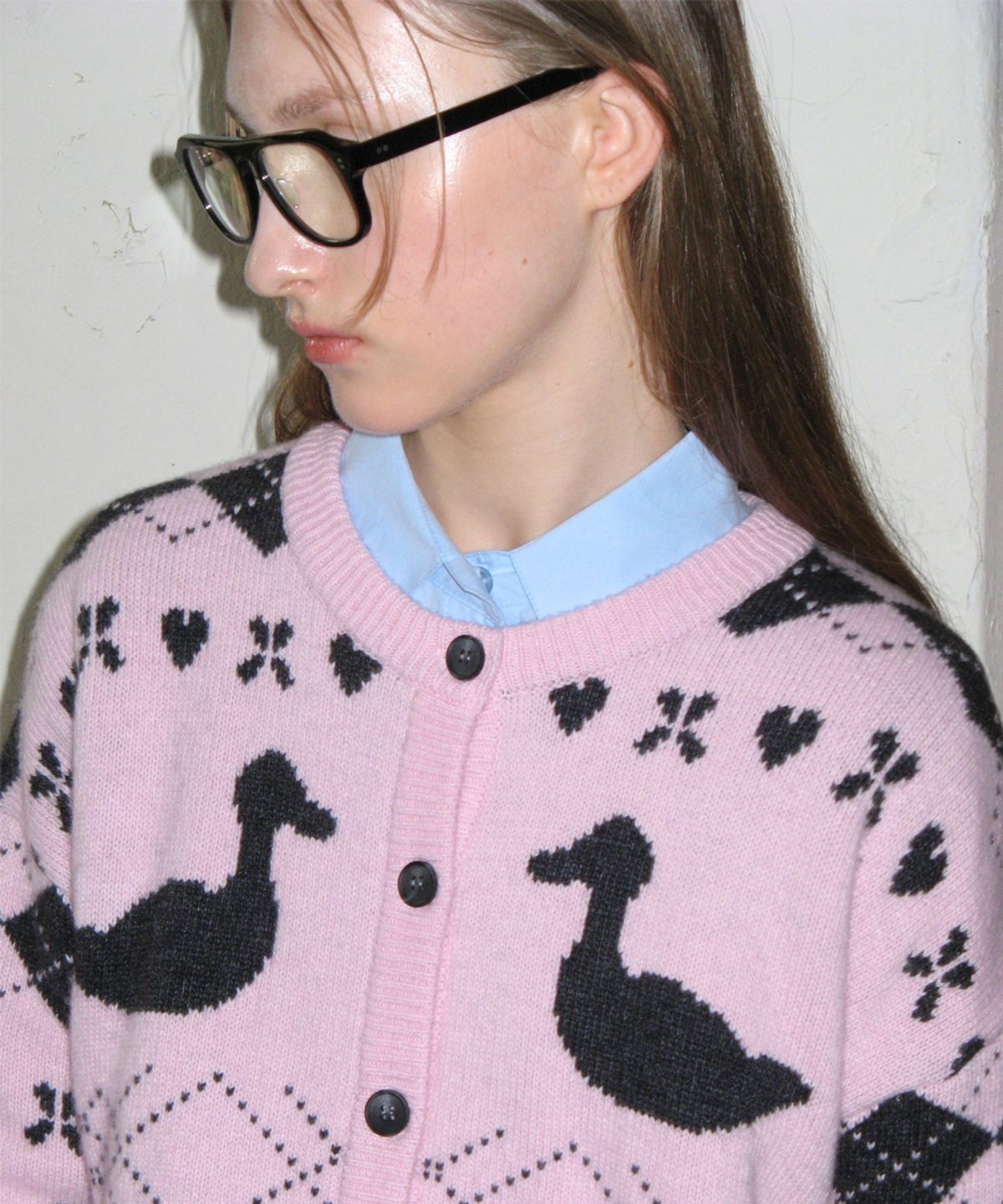 시눈(SINOON) MIXED PATTERN KNIT CARDIGAN (PINK)