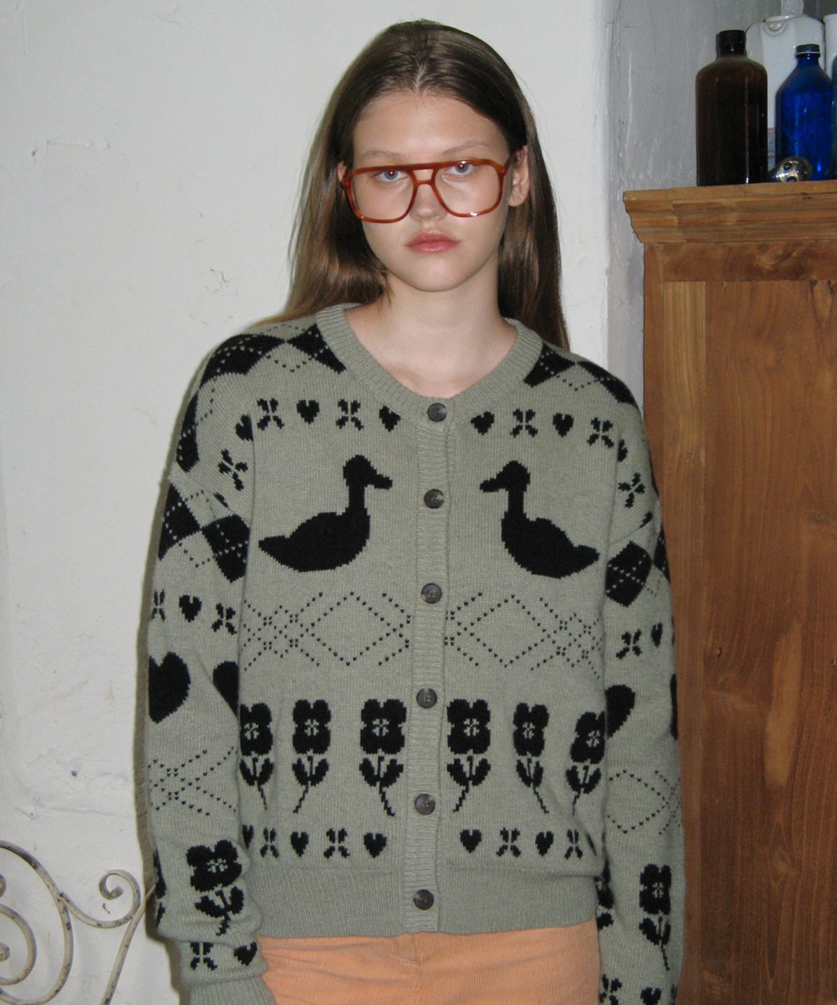 시눈(SINOON) MIXED PATTERN KNIT CARDIGAN (LIGHT KHAKI)