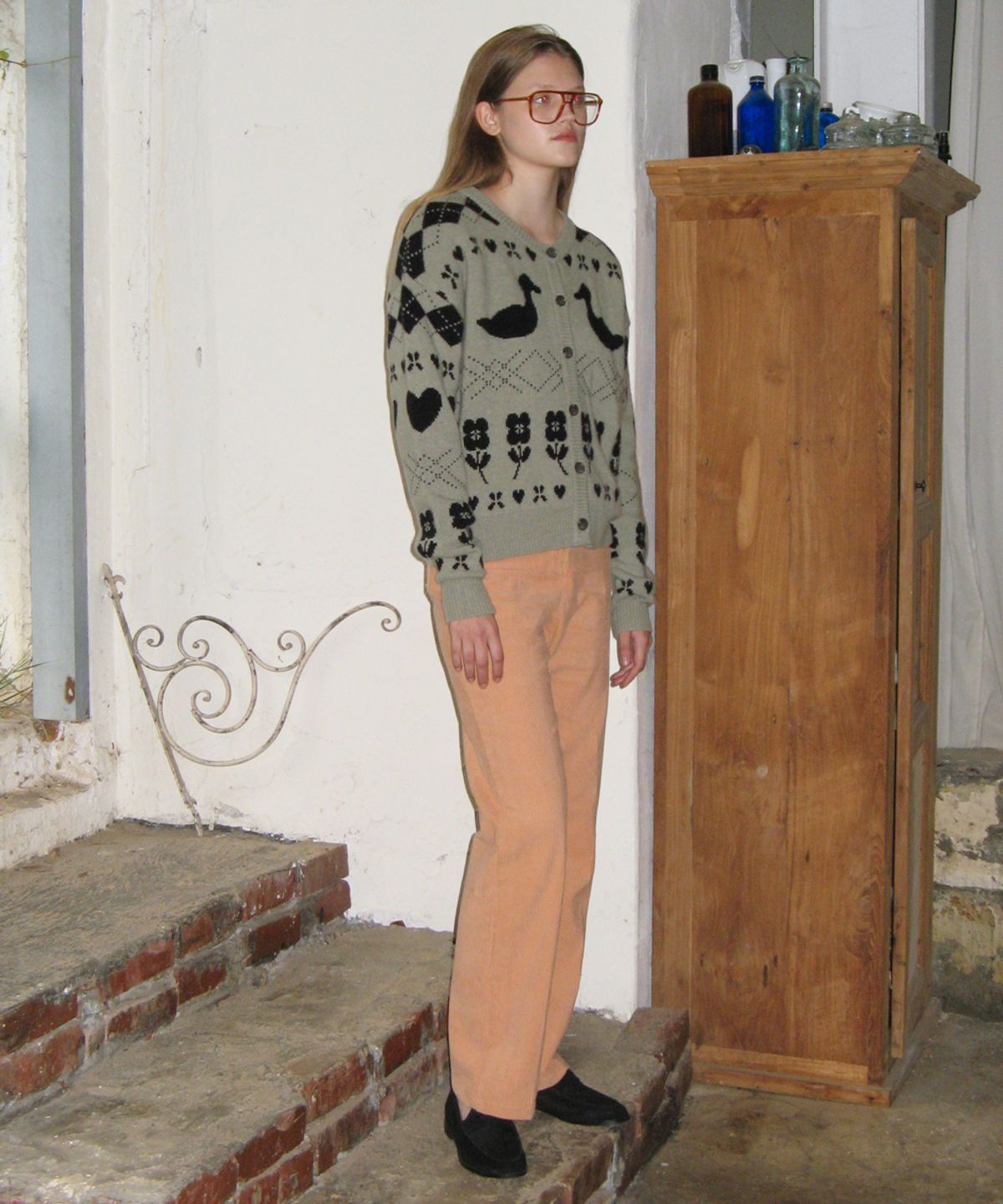 시눈(SINOON) MIXED PATTERN KNIT CARDIGAN (LIGHT KHAKI)