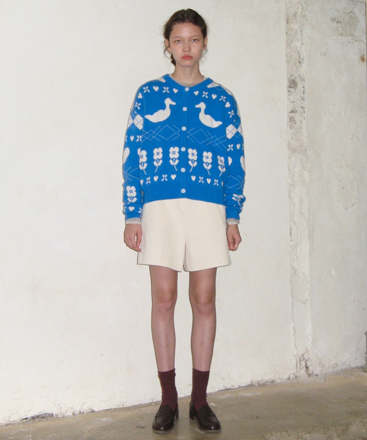 시눈(SINOON) MIXED PATTERN KNIT CARDIGAN (BLUE)