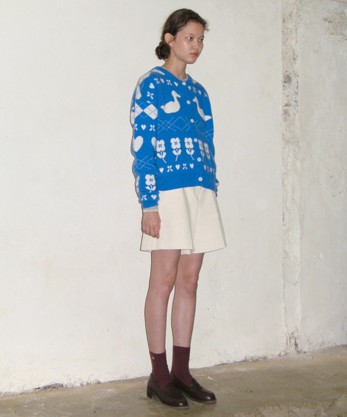 시눈(SINOON) MIXED PATTERN KNIT CARDIGAN (BLUE)