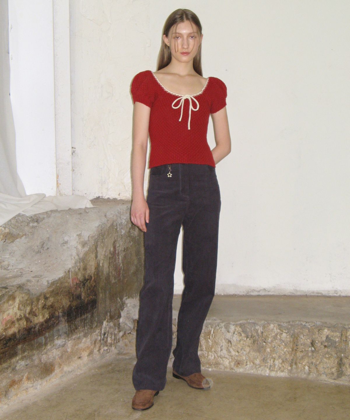 시눈(SINOON) PUFF HALF KNIT TOP (RED)
