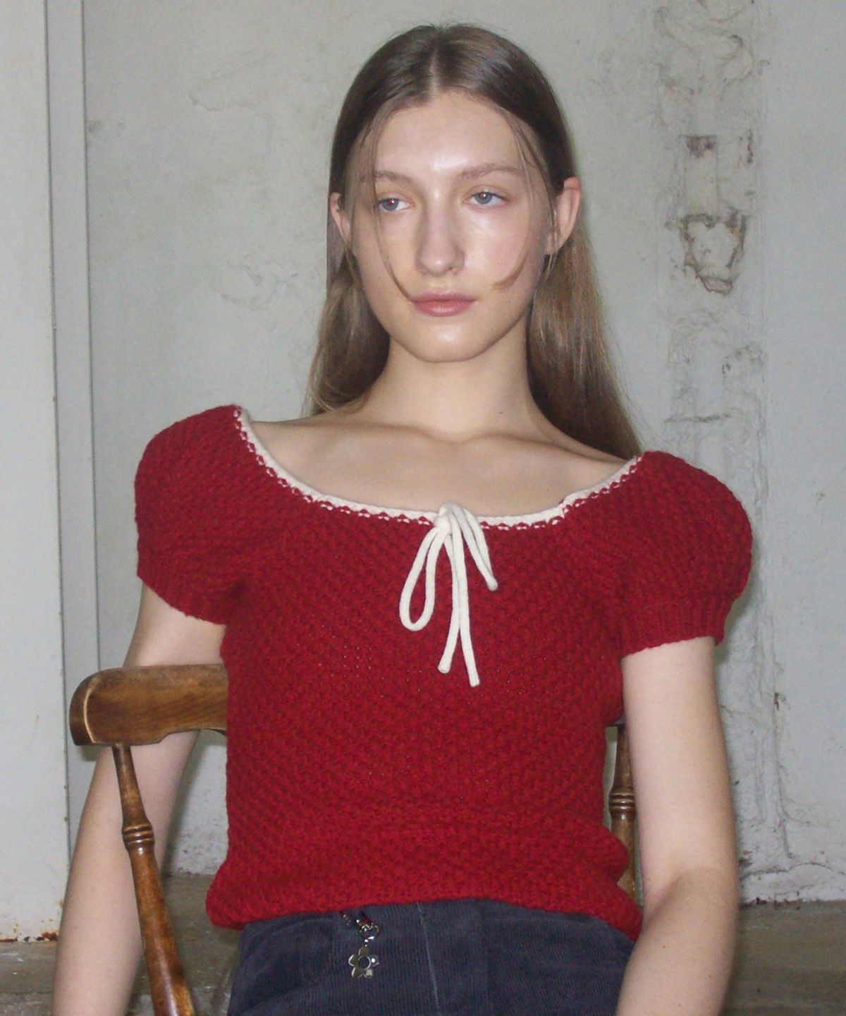 시눈(SINOON) PUFF HALF KNIT TOP (RED)