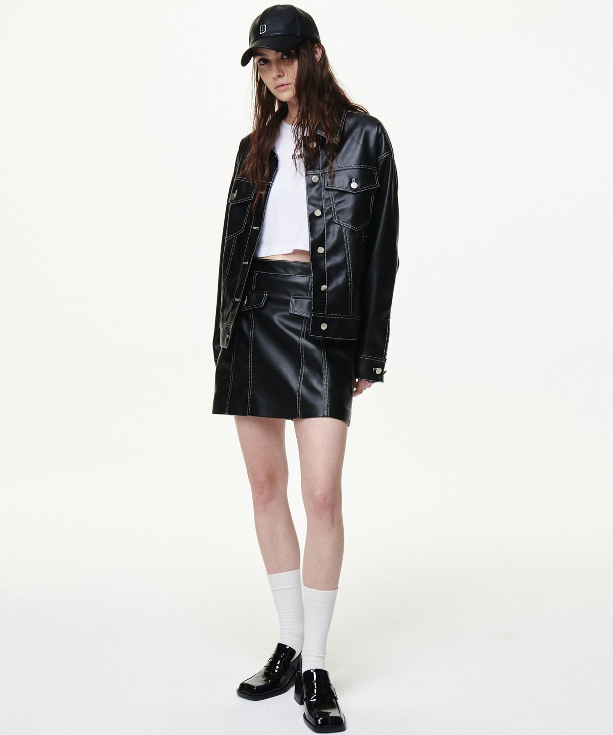비콰이엇(B QUIET) FAUX LEATHER POCKET MINI SKIRTS_BLACK