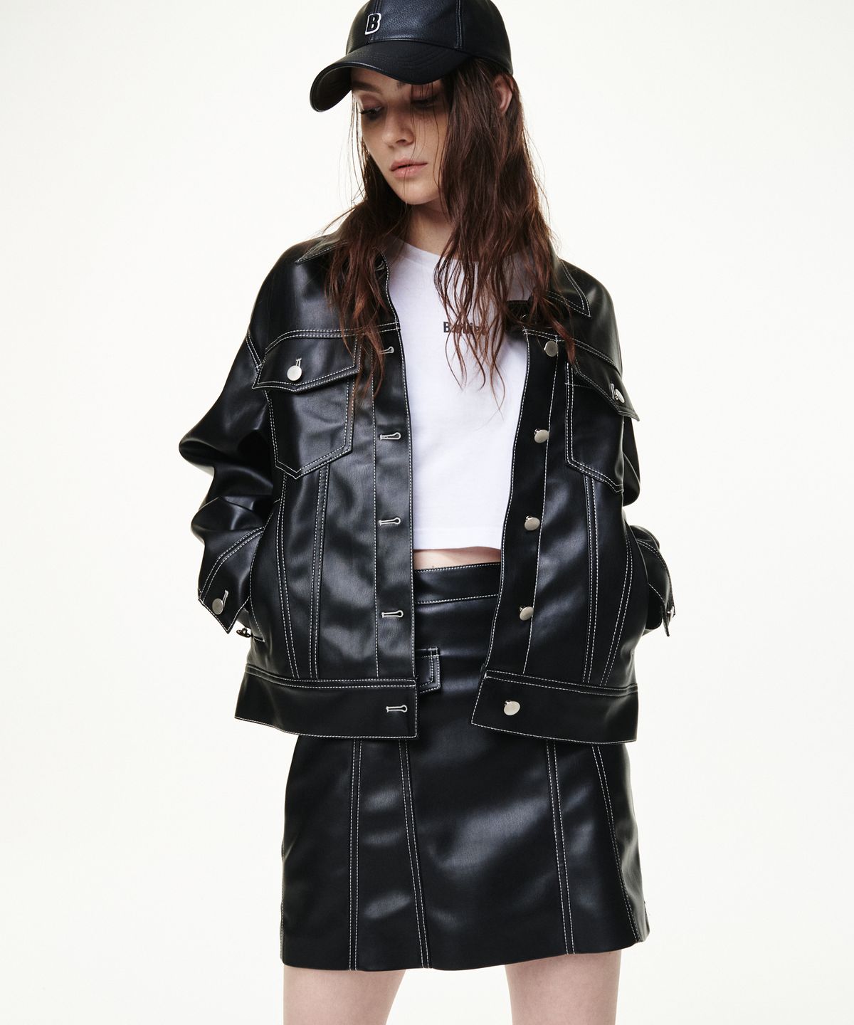 비콰이엇(B QUIET) FAUX LEATHER POCKET MINI SKIRTS_BLACK