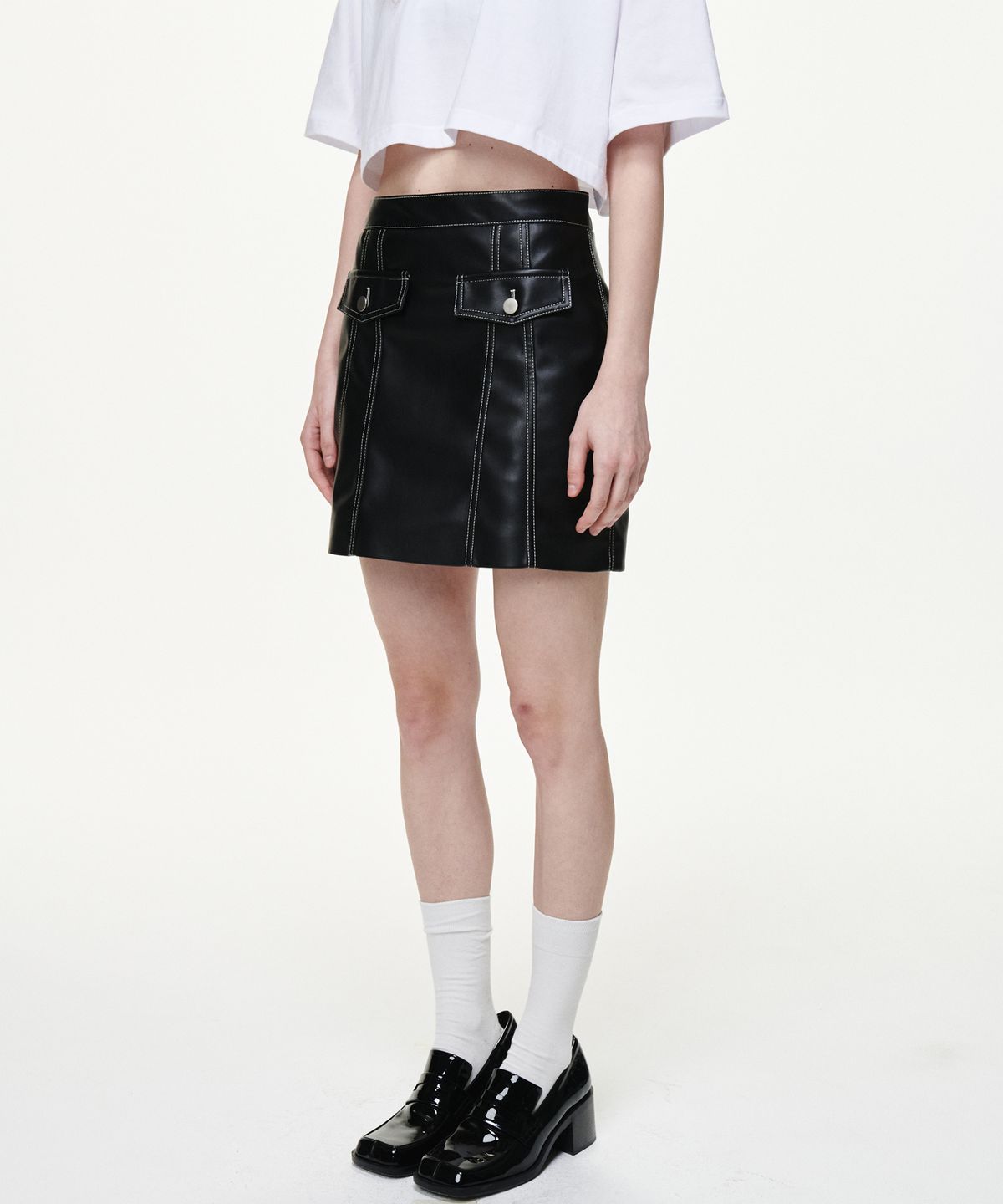 비콰이엇(B QUIET) FAUX LEATHER POCKET MINI SKIRTS_BLACK