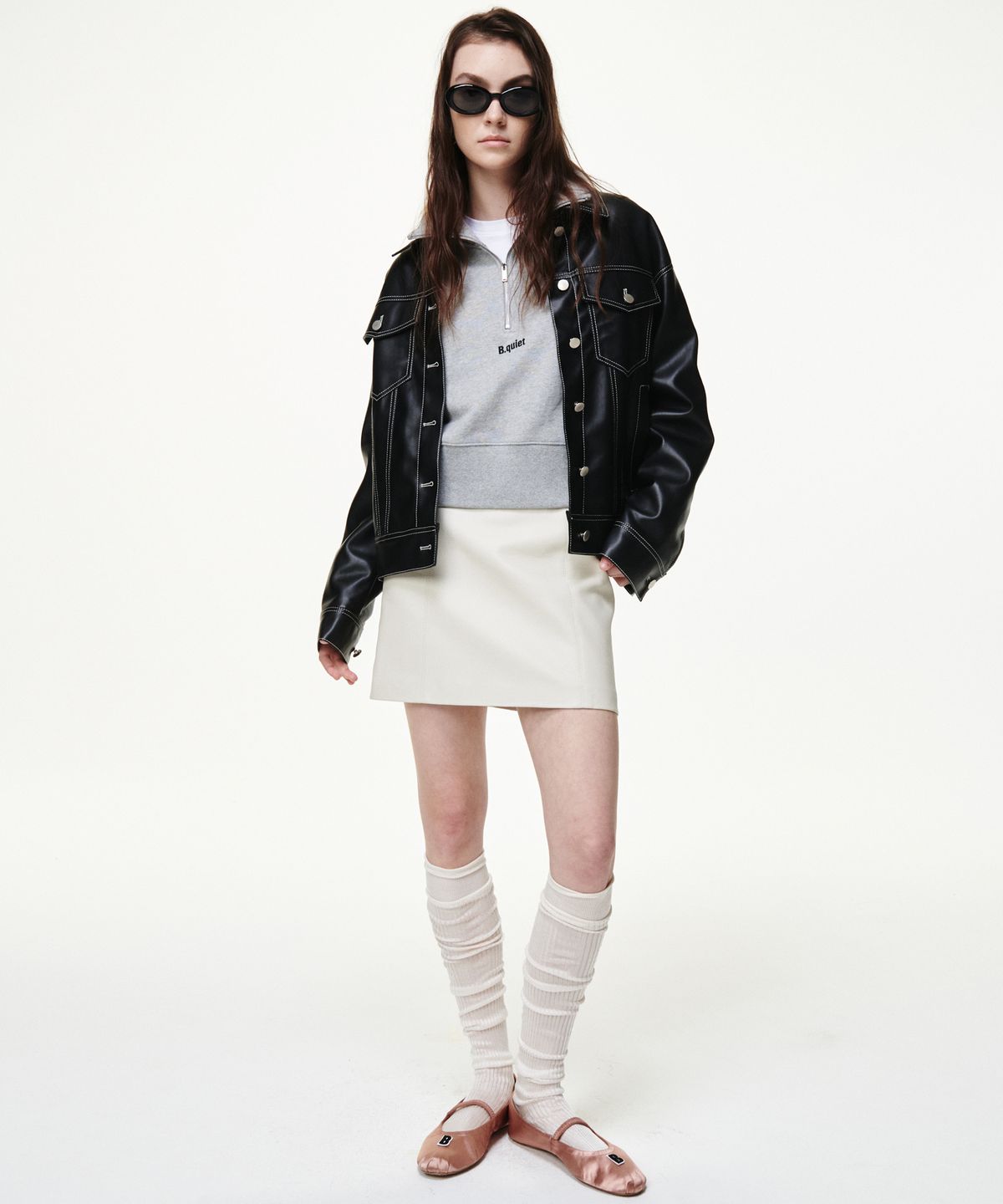 비콰이엇(B QUIET) FAUX LEATHER MINI SKIRTS_ IVORY