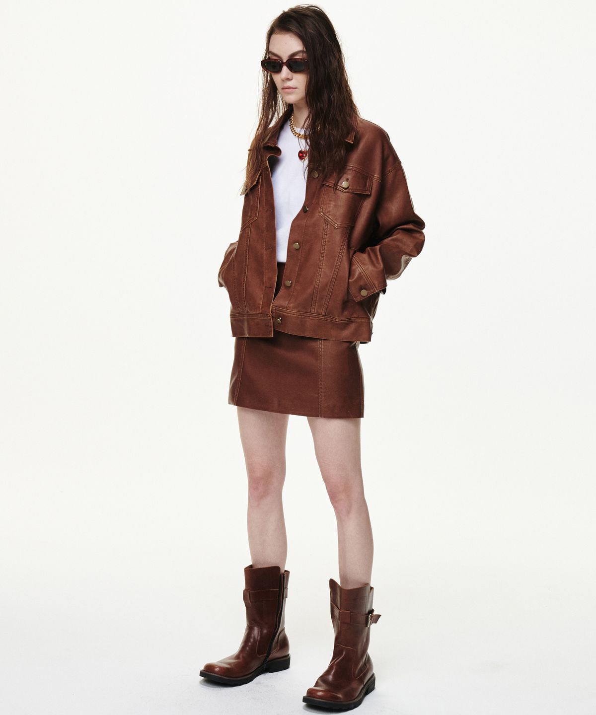 비콰이엇(B QUIET) FAUX LEATHER WASHED MINI SKIRTS_TAN BROWN