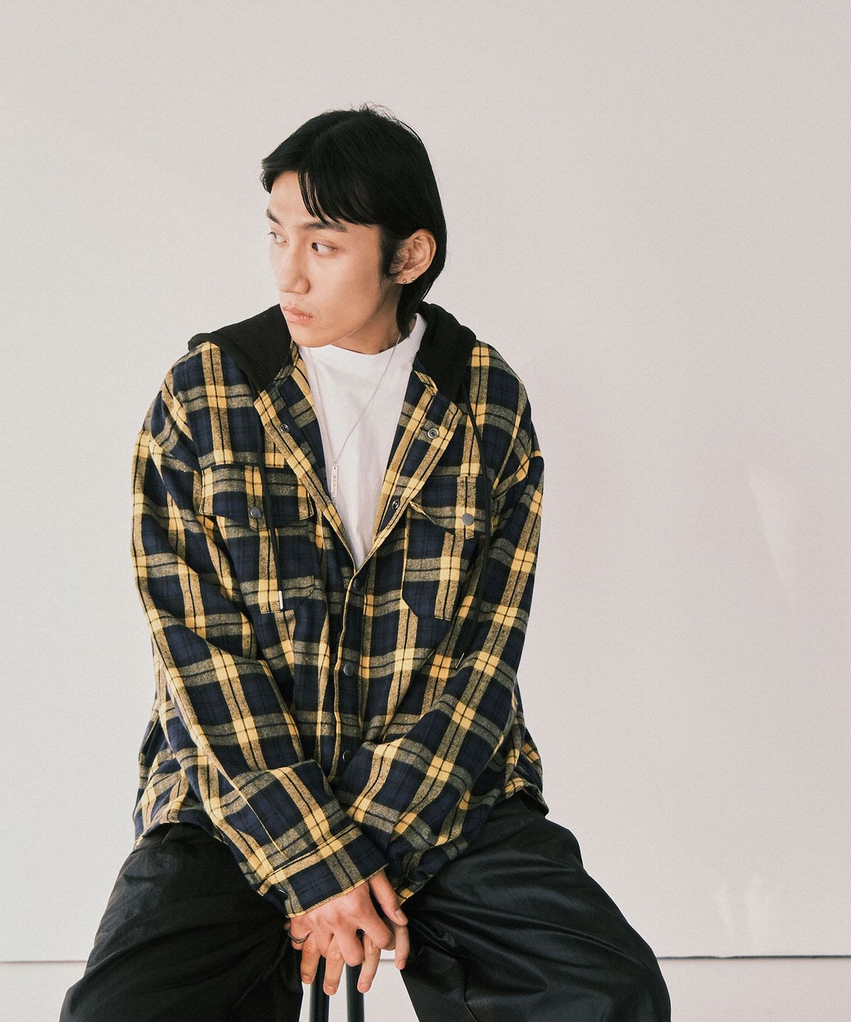 슬로우 레코드 하우스(SLOW RECORD HOUSE) 후드 체크 셔츠_옐로우