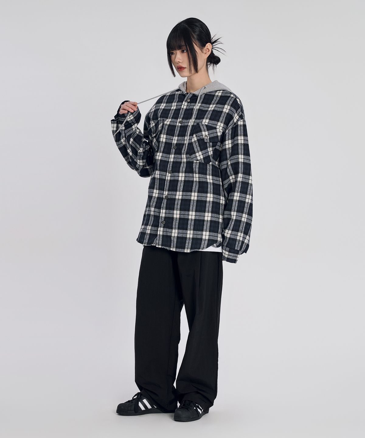슬로우 레코드 하우스(SLOW RECORD HOUSE) 후드 체크 셔츠_블루