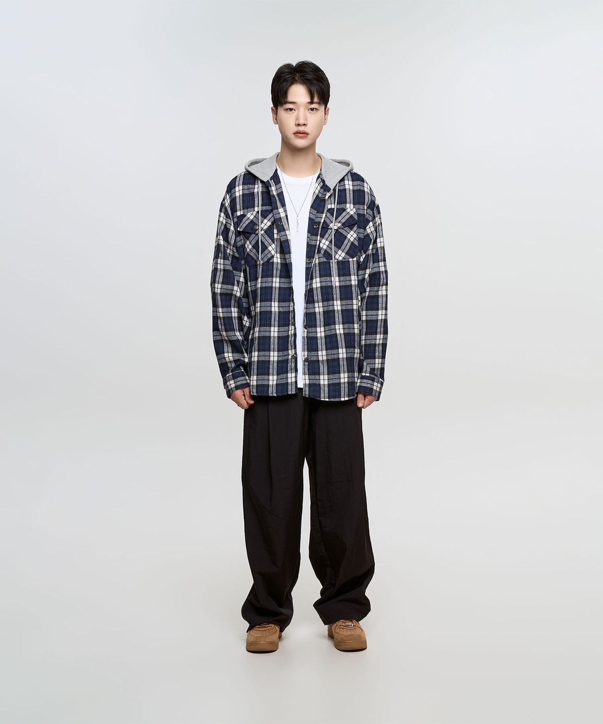 슬로우 레코드 하우스(SLOW RECORD HOUSE) 후드 체크 셔츠_블루