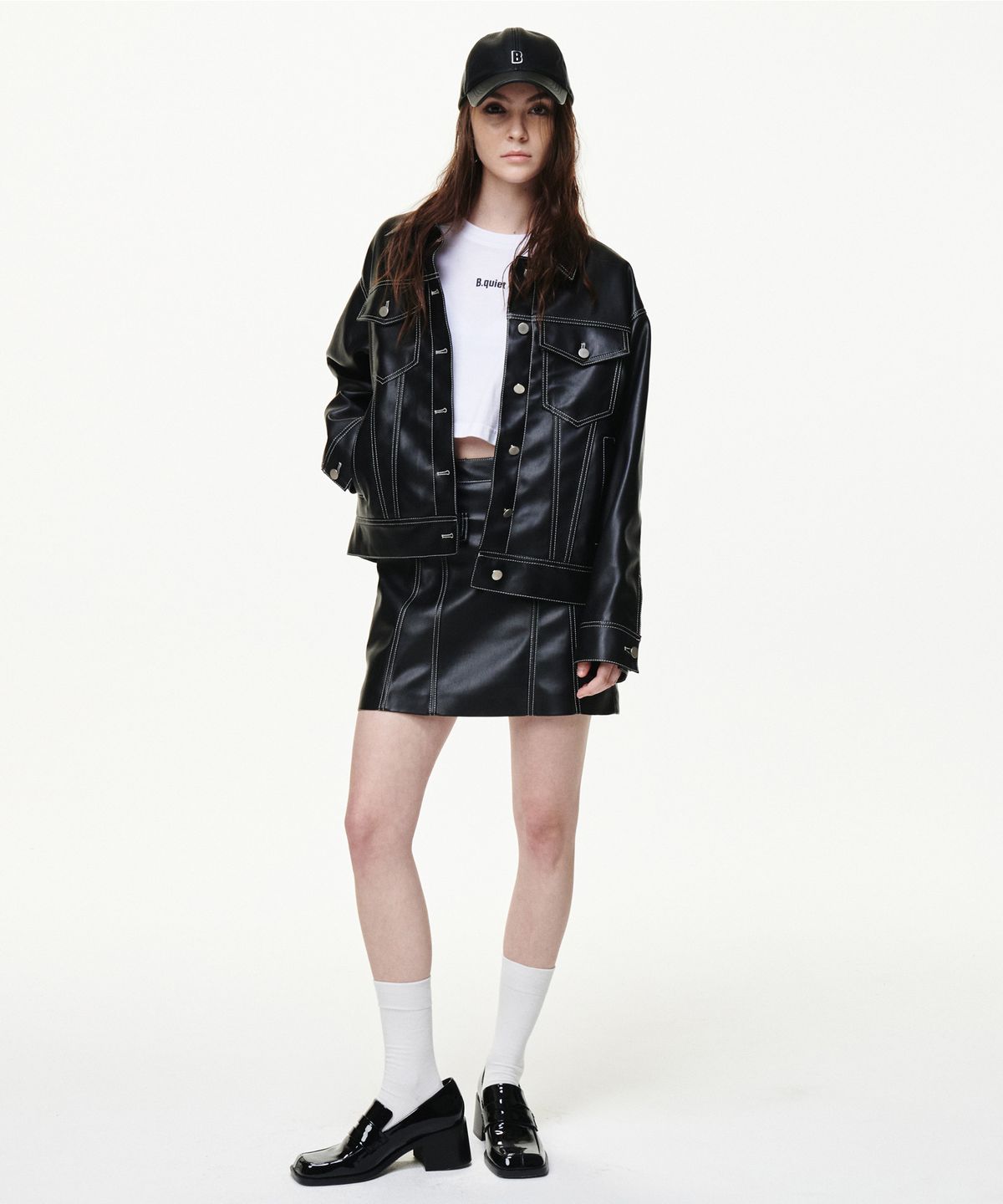 비콰이엇(B QUIET) [UNISEX]FAUX LEATHER TRUCKER JACKET_BLACK