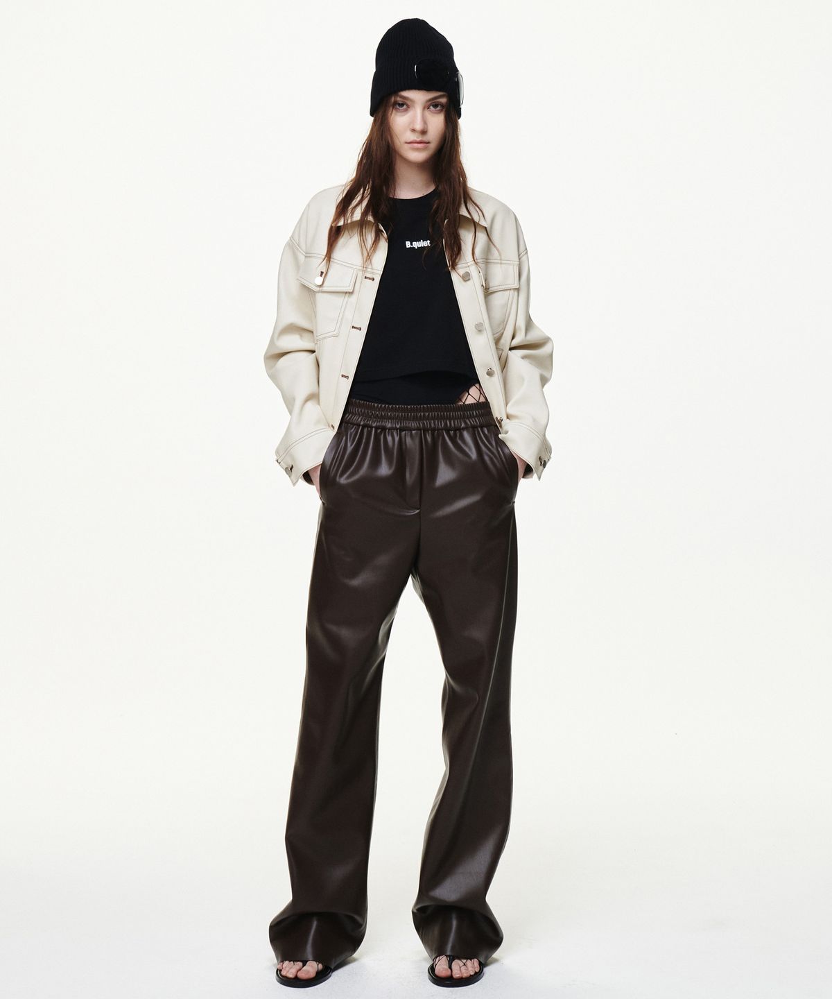 비콰이엇(B QUIET) [UNISEX]FAUX LEATHER TRUCKER JACKET_CREAM