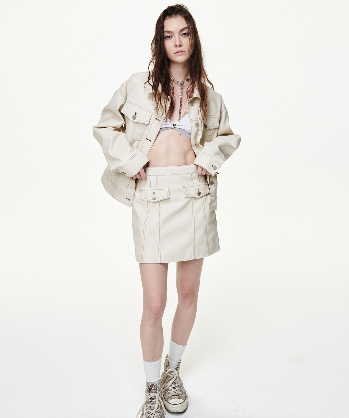 비콰이엇(B QUIET) [UNISEX]FAUX LEATHER TRUCKER JACKET_CREAM