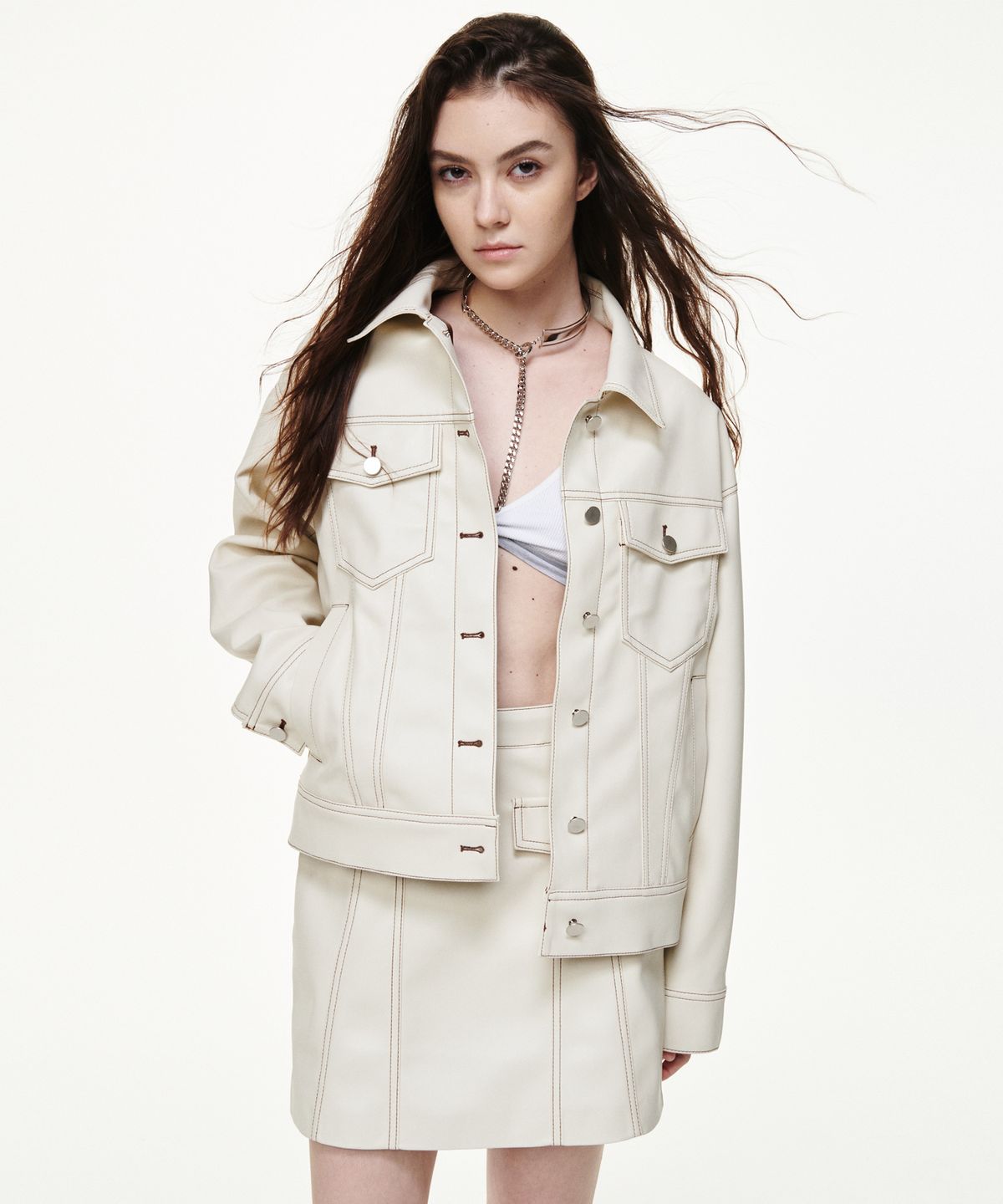비콰이엇(B QUIET) [UNISEX]FAUX LEATHER TRUCKER JACKET_CREAM