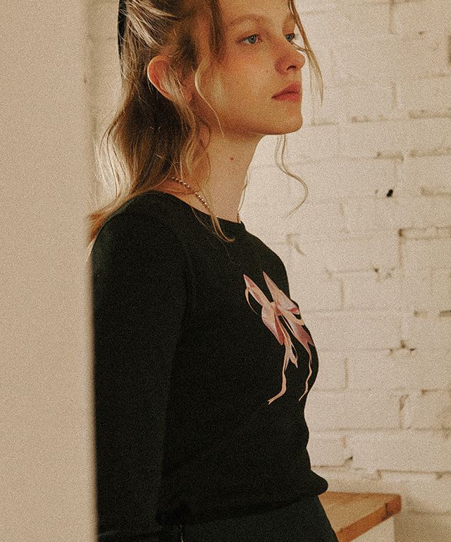 MUSINSA | RONRON DOUBLE RIBBON SLIM CROP LONG SLEEVE BLACK