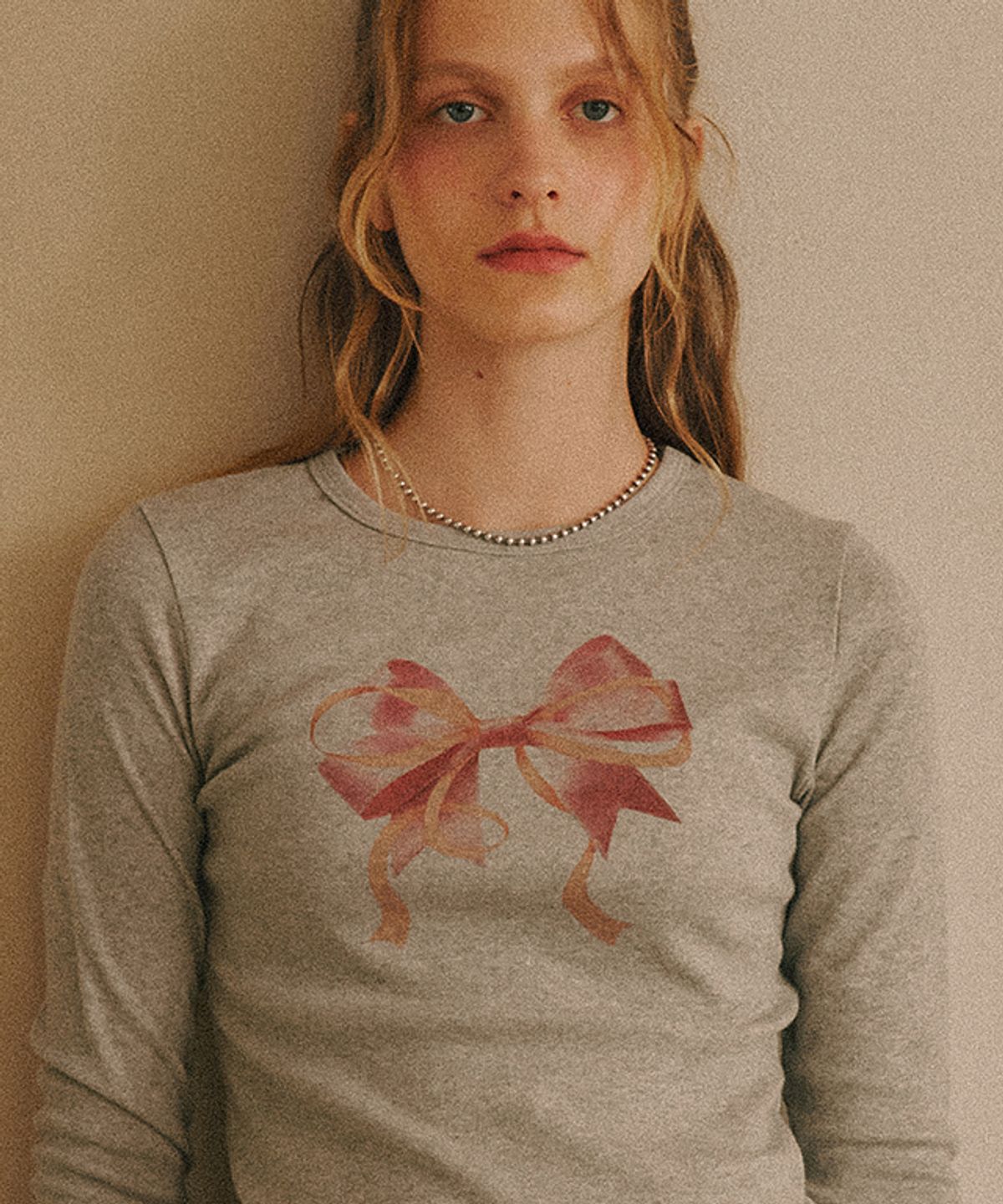 론론(RONRON) DOUBLE RIBBON SLIM CROP LONG SLEEVE GREY