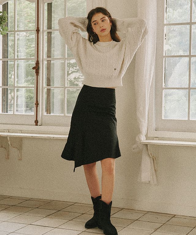 MUSINSA | RONRON SMOCKING UNBALANCE SKIRT BLACK
