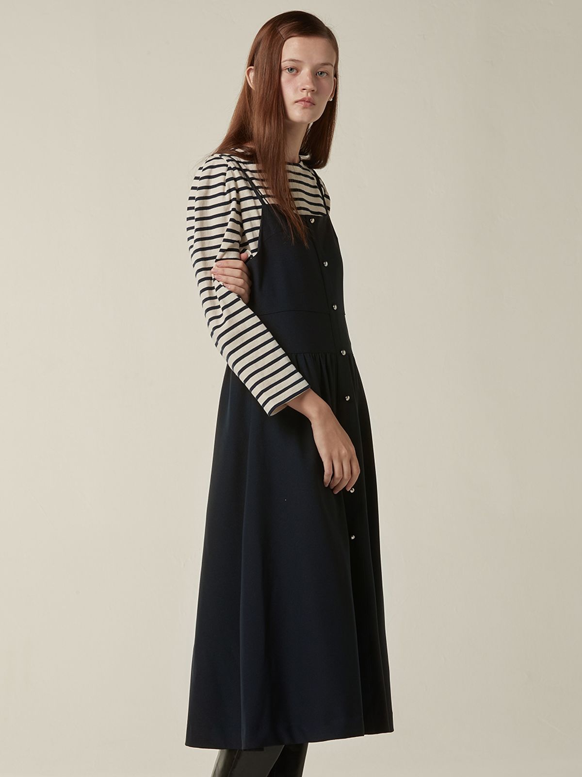 비뮤즈맨션(BEMUSE MANSION) Button up volume layered dress - Navy