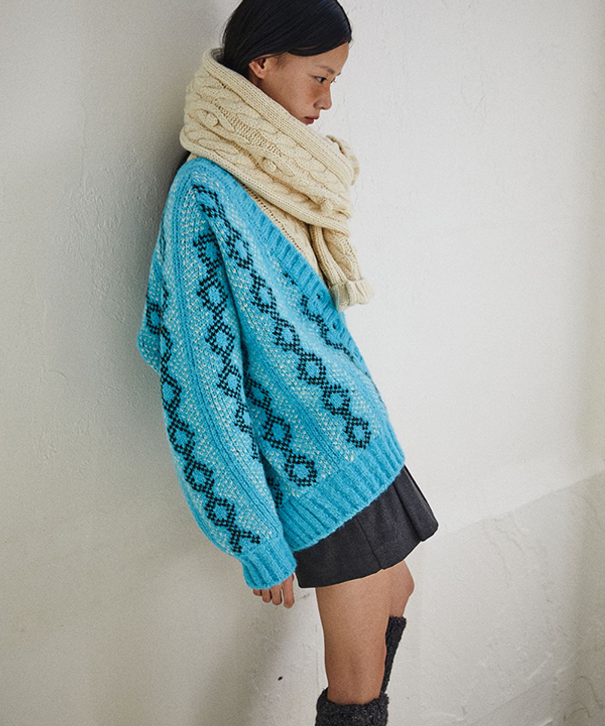 그린버터(GREENBUTTER) Vintage Jacquard Pattern Cardigan (Sky blue)