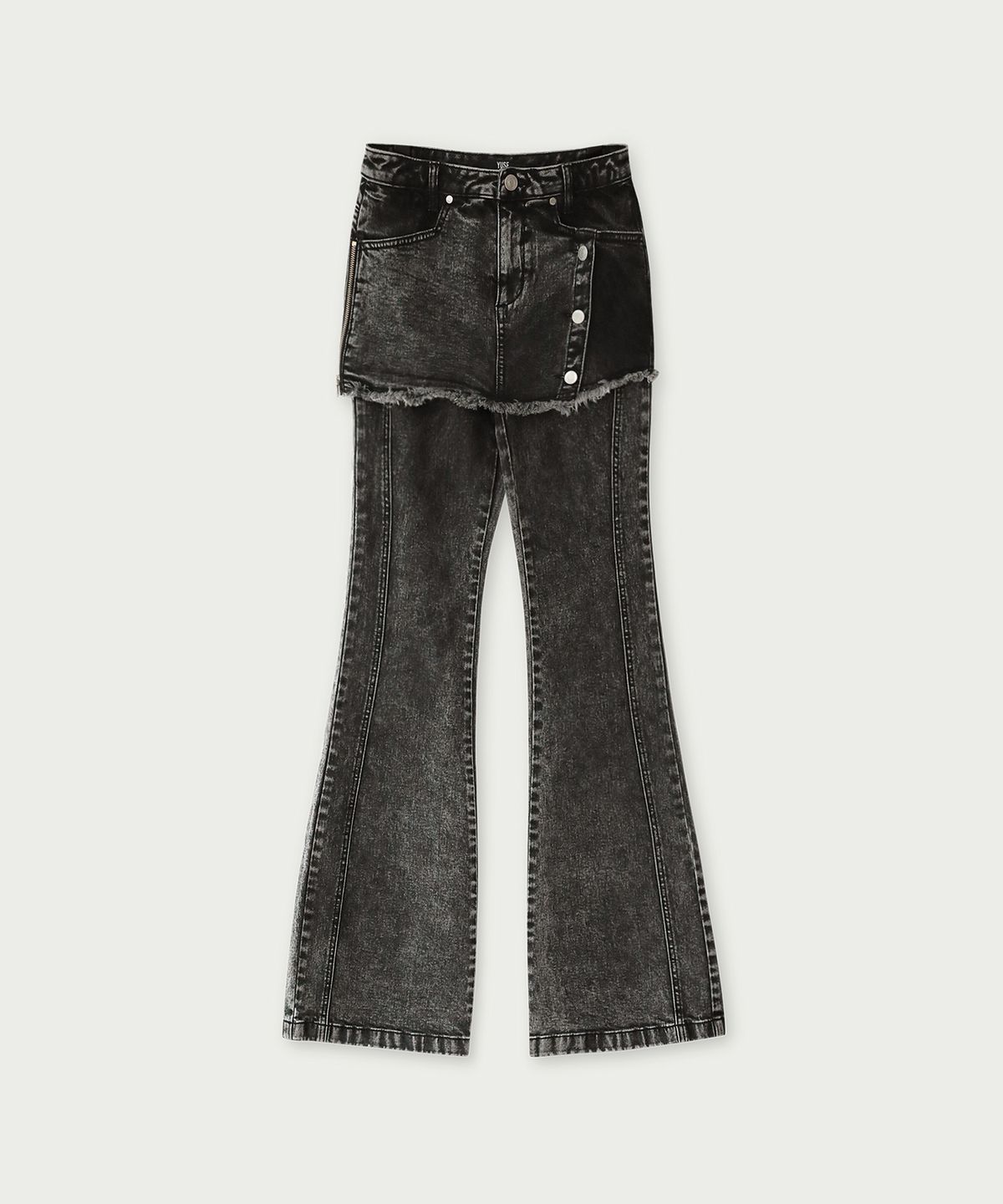 유즈(YUSE) SKIRT LAYERED BOOTS CUT DENIM PANTS - BLACK