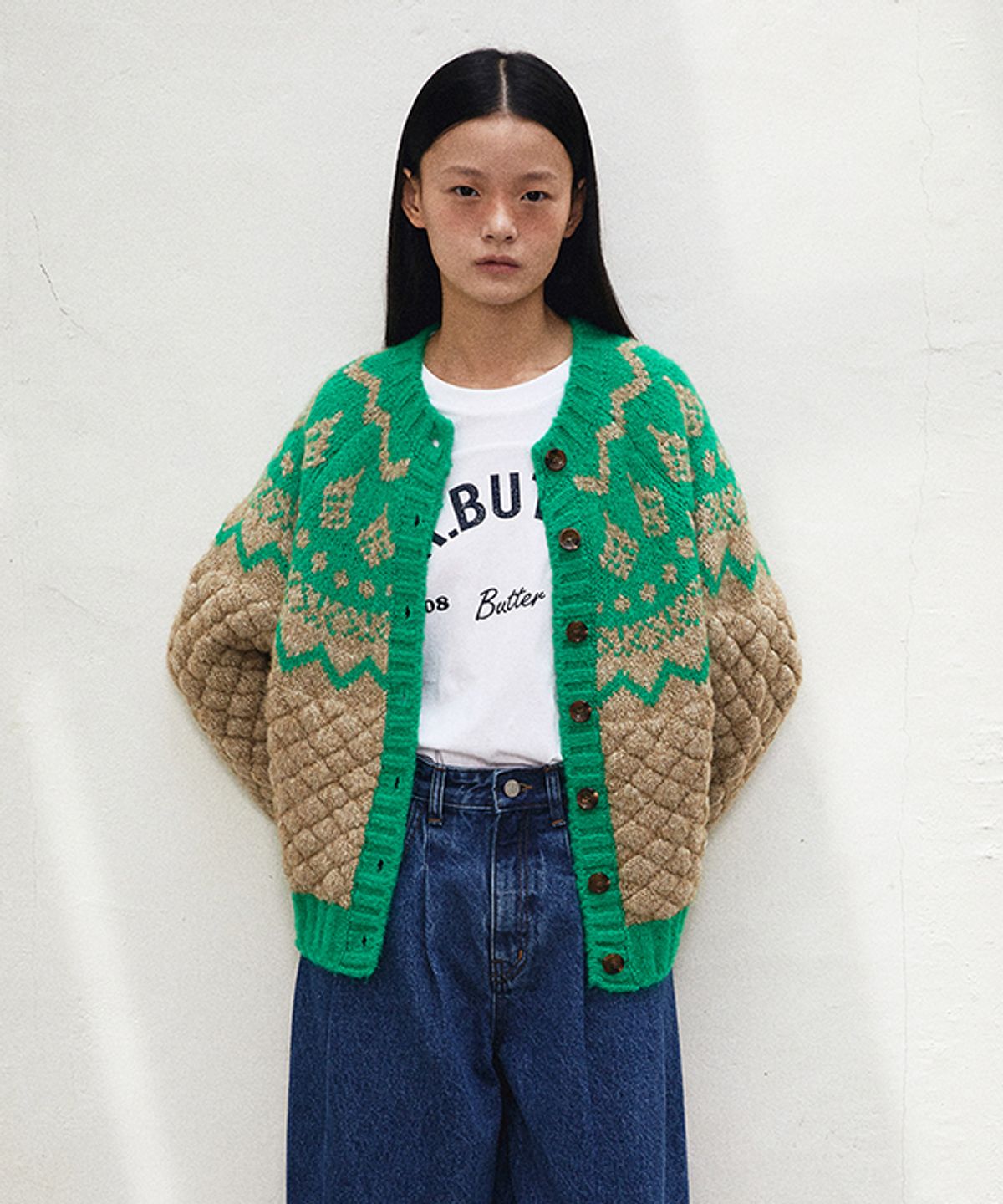 그린버터(GREENBUTTER) Waffle Nordic Cardigan (Beige)